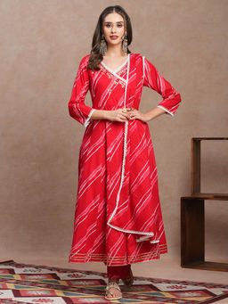 FASHOR - Red Leheriya Printed & Embroidered Anarkali Kurta with Pant & Dupatta (Set of 3)