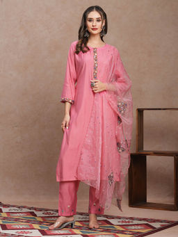 FASHOR - Pink Hand Embroidered Straight Fit Kurta with Pant & Dupatta (Set of 3)