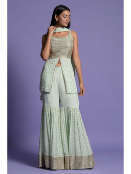 "Two Sisters" by Gyans - Green Sequined Embroidered Sharara with Kurti & Dupatta (Set of 3)