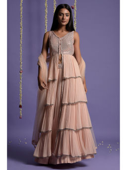 "Two Sisters" by Gyans - Blush Pink Layered Embroidered Lehenga with Kurta & Dupatta (Set of 3)