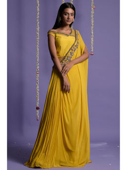 "Two Sisters" by Gyans - Yellow Georgette Embroidered Draped Saree without Blouse