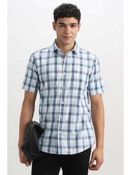 Allen Solly - Men Light Blue Regular Fit Check Half Sleeves Casual Shirt