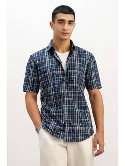 Allen Solly - Men Navy Blue Regular Fit Check Half Sleeves Casual Shirt