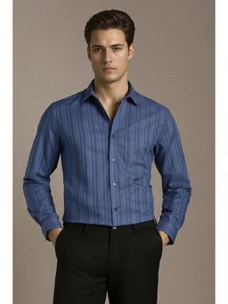 Louis Philippe - Men Navy Blue Regular Fit Stripe Full Sleeves Formal Shirt