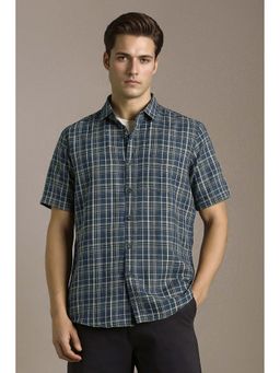 Louis Philippe - Men Navy Blue Slim Fit Check Half Sleeves Casual Shirt