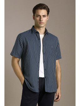 Louis Philippe - Men Navy Blue Slim Fit Stripe Half Sleeves Casual Shirt