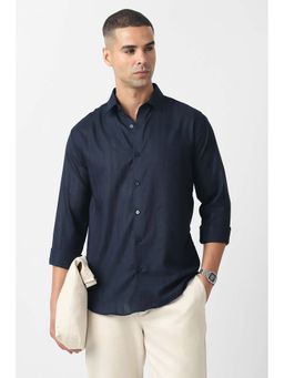 Van Heusen - Men Navy Blue Slim Fit Textured Full Sleeves Party Shirt