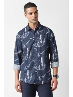 Van Heusen - Men Navy Blue Slim Fit Print Full Sleeves Party Shirt