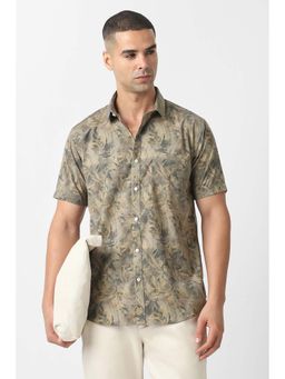 Van Heusen - Men Beige Slim Fit Print Half Sleeves Party Shirt