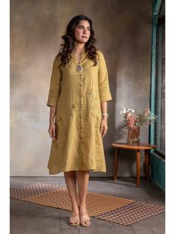 EARTHWEAR - Honey Mustard Pure Linen Hand Embroidered Dress