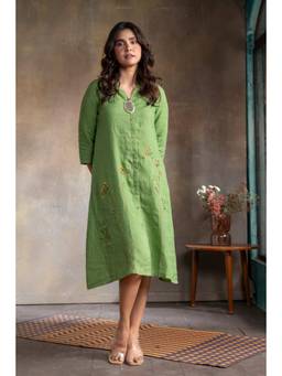 EARTHWEAR - Leaf Green Pure Linen Hand Embroidered Dress