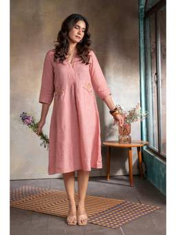 EARTHWEAR - Rose Pink Pure Linen Hand Embroidered Dress