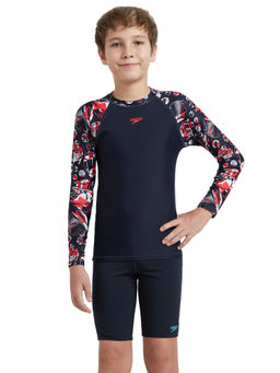 Speedo - Boy's Endurance10 Glitchamp Long Sleeve Suntop - True Navy & Lava Red