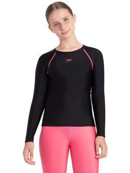 Speedo - Girl's Endurance10 Long Sleeve Suntop - Black & Fandango Pink