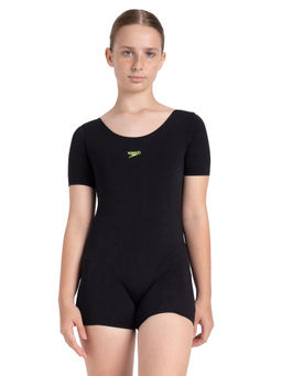 Speedo - Girl's Endurance+ Sleeved Essential U-Back Legsuit - Black & Hyper Yellow