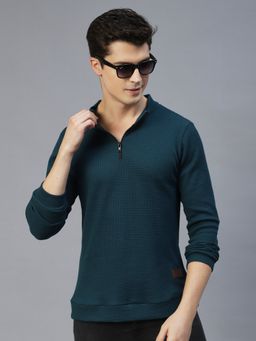 RIGO - Men Teal Henley Neck Full Sleeves Waffle Knit T-Shirt