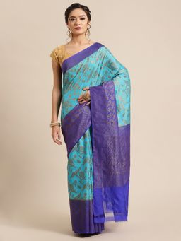 Banarasi Silk Works - Dupion Woven Saree Turquoise with Unstitched Blouse