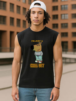 Bewakoof - Men's Jet Black Chillguy Graphic Printed Oversized Vest