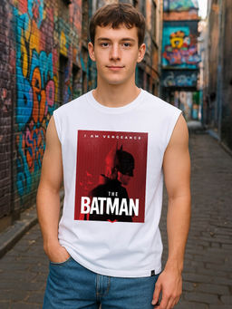 Bewakoof - Official DC Men's White Batman Poster Graphic Printed Boxy Fit Vest