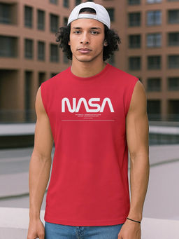 Bewakoof - Men's Bold Red Spaced Nasa Typography Boxy Fit Vest