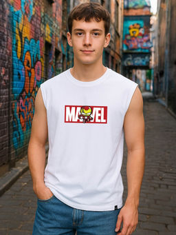 Bewakoof - Official Marvel Men's White Marvelous Ironman Graphic Printed Boxy Fit Vest