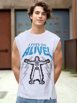 Bewakoof - Official Wednesday Men's White Alive Graphic Printed Oversized Vest