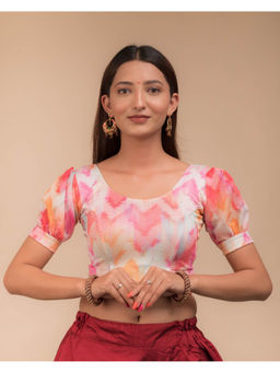 BINDIGASM'S ADVI - Kyaari Printed Organza Puff Sleeve Stretchable Slip On Blouse White