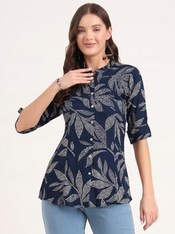 Divena - Navy Blue Rayon Rollup Sleeves A-Line Tunic