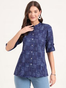 Divena - Blue Rayon Rollup Sleeves A-Line Tunic