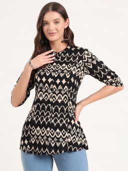 Divena - Black Rayon Rollup Sleeves A-Line Tunic