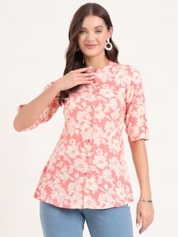 Divena - Pink Rayon Rollup Sleeves A-Line Tunic