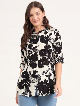 Divena - Black Rayon Rollup Sleeves A-Line Tunic