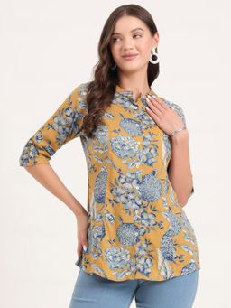 Divena - Mustard Rayon Rollup Sleeves A-Line Tunic
