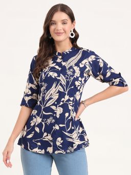 Divena - Blue Rayon Rollup Sleeves A-Line Tunic
