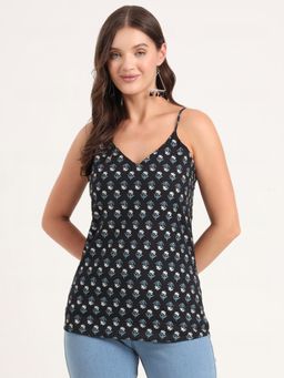 Divena - Black Printed Cotton Shoulder Strap Tunic