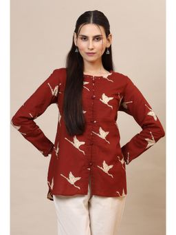 Folksong - Womens Rust Hand block Swan Printed Shirt