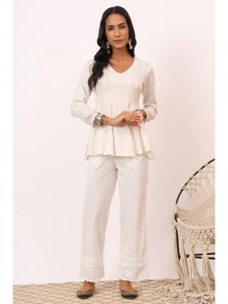 Folksong - Womens Ecru V-neck Chikankari Flared Tunic