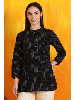 W - for Woman Black Ikkat Yarn Dyed Pure Cotton Straight Tunic