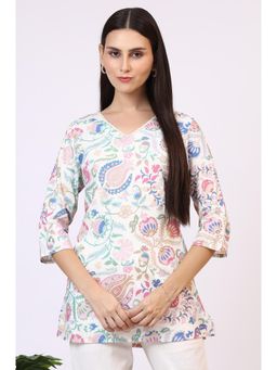 W - for Woman White Floral Printed Rayon Summer Tunic with Lace