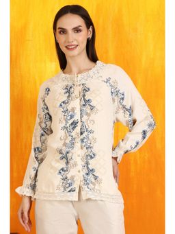 W - for Woman Off-White Floral Printed Rayon Crepe Shirt with Lace