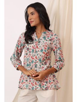 W - for Woman White Floral Printed Rayon Flax Straight Fusion Tunic