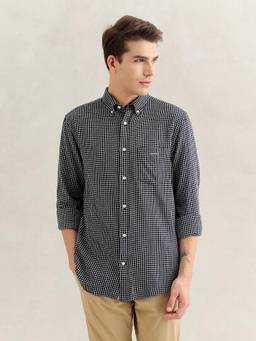 GANT - Men Navy Blue Regular Fit Checked Cotton Flannel Shirt
