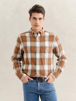GANT - Men Brown Regular Fit Checked Cotton Flannel Shirt
