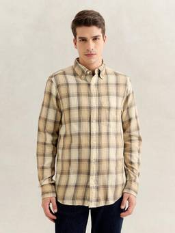 GANT - Men Beige Regular Fit Checked Cotton Flannel Shirt