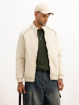 WROGN - Cream Solid Regular Fit Zipper Puffer Jacket