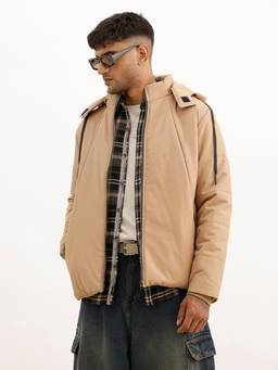 WROGN - Beige Solid Regular Fit Hooded Puffer Jacket