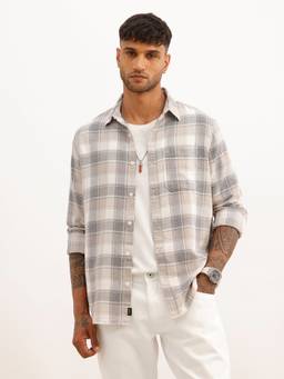 WROGN - Beige Slim Fit Checkered Full Sleeve Shirt