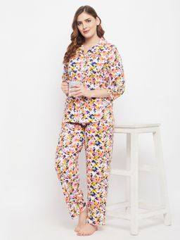 Clovia - Camouflage Print Button Down Shirt & Pyjama Set in Multicolour - 100% Cotton