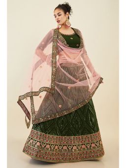 Soch - Women Olive Georgette Embroidered Unstiched Lehenga with Sequins (Set of 3)