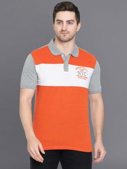 Club York - Men Orange Half Sleeve Colorblocked Polo Neck T-shirt
